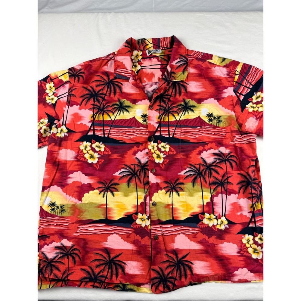 Aloha Republic Mens 2XL Hawaiian Shirt Red Sunset Palm Tree Cotton Hawaii Made